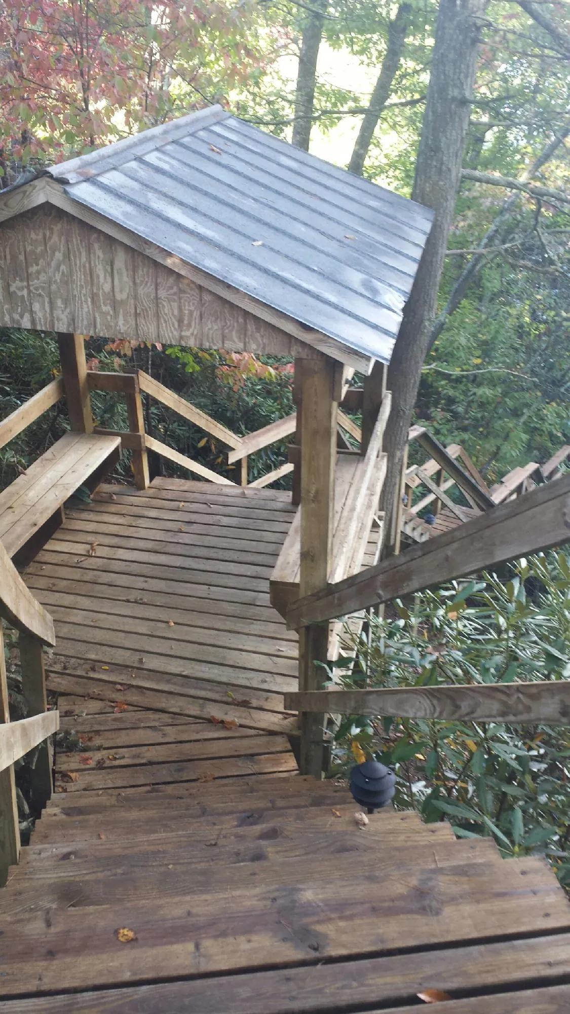 Metal roofed shelter over wooden steps on a wooded walkway — Skylight Repair & Installation work by our crew in Elrama
